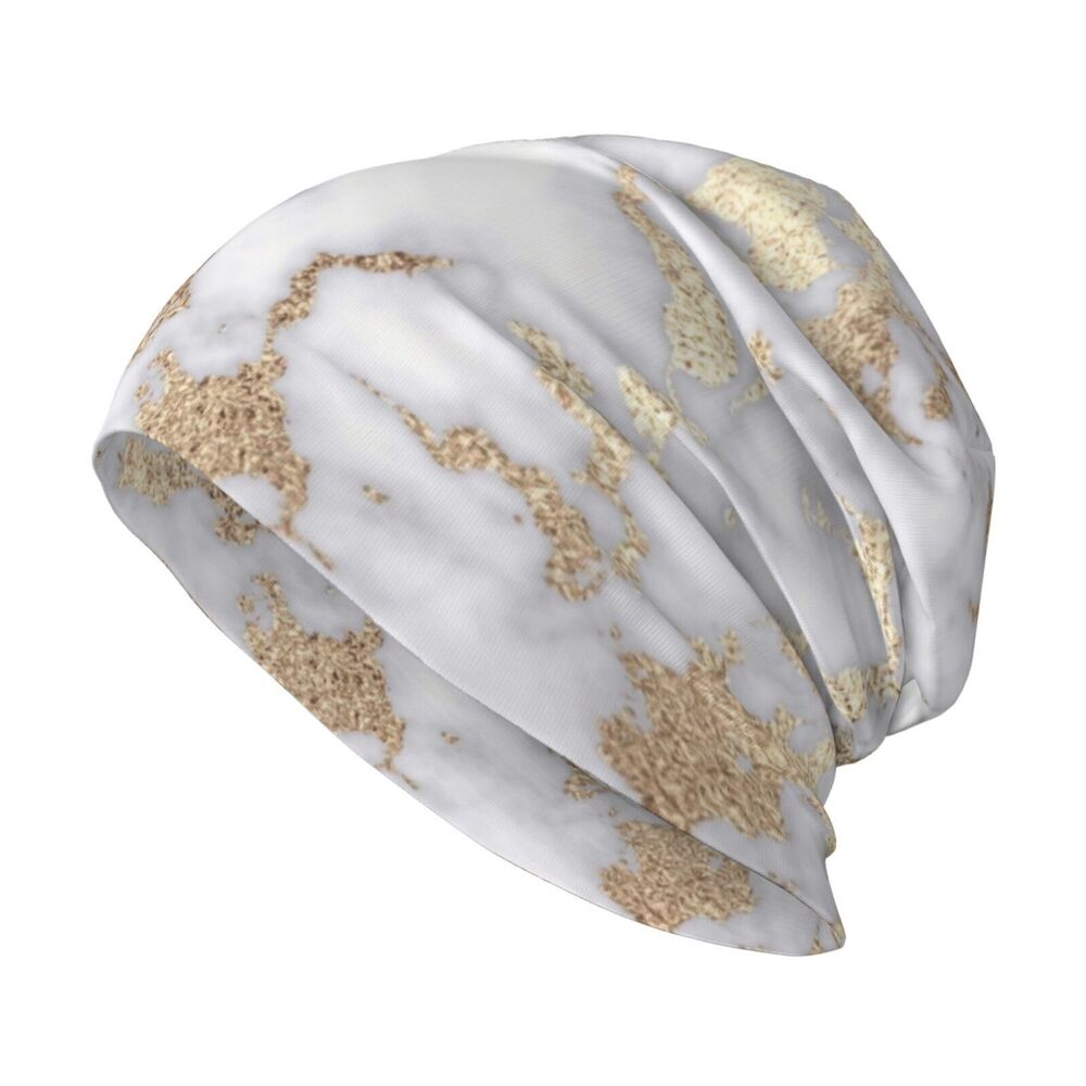 9323 Modern Chic White Gold Foil Marble Slouchy Beanie & , Hip-Hop Soft